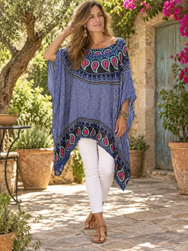 Poncho bohemio azul con estampado colorido - 1
