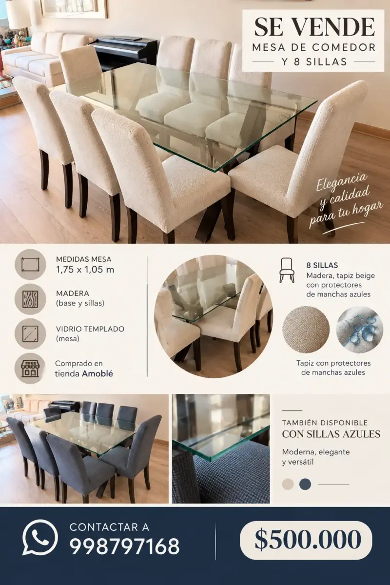 Mesa de comedor con 8 sillas de madera y vidrio templado