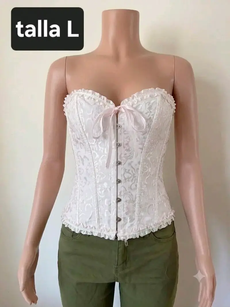 Corset blanco talla L con encaje floral - 1
