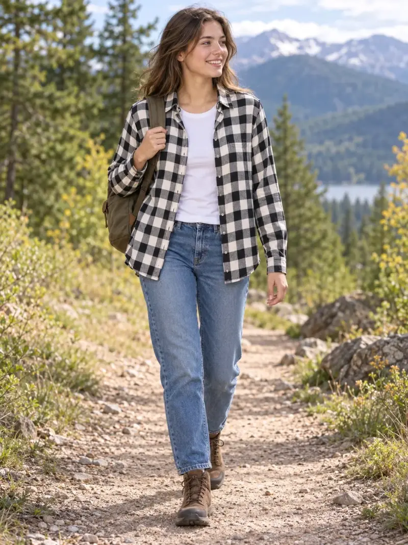 Camisa de cuadros blanco y negro para mujer - 1