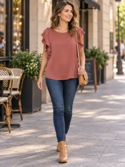 Blusa sin mangas color terracota con volantes - miniatura 1