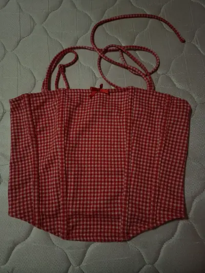 Top corset rojo a cuadros para mujer - miniatura 1