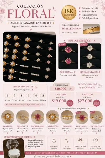 Set de anillos dorados con perlas y flores - miniatura 2