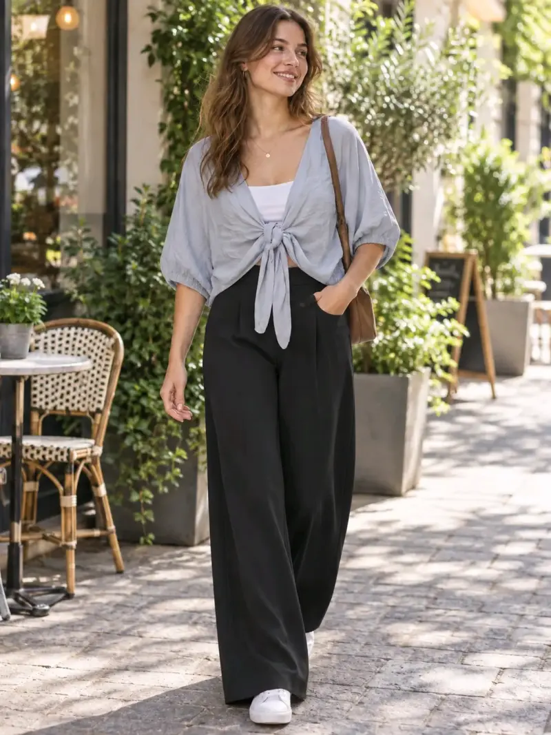 Blusa celeste con nudo frontal - 1