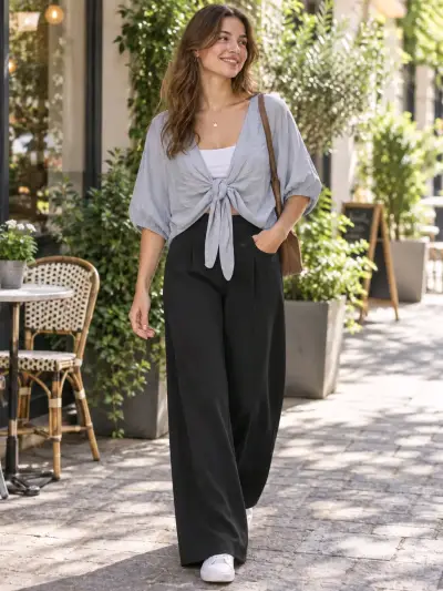 Blusa celeste con nudo frontal - miniatura 1