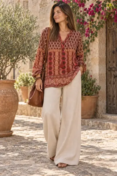 Blusa bohemia estampada en tonos rojos - miniatura 1
