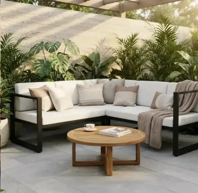 Sofá seccional de jardín con cojines crema - miniatura 1