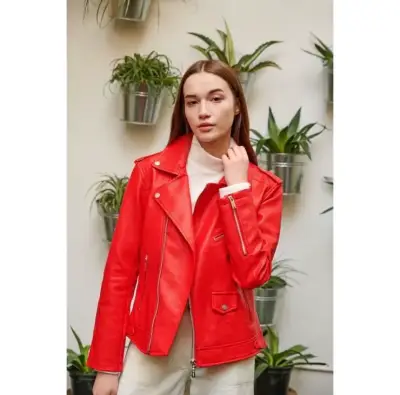 Chaqueta de cuero sintético roja para mujer - miniatura 1