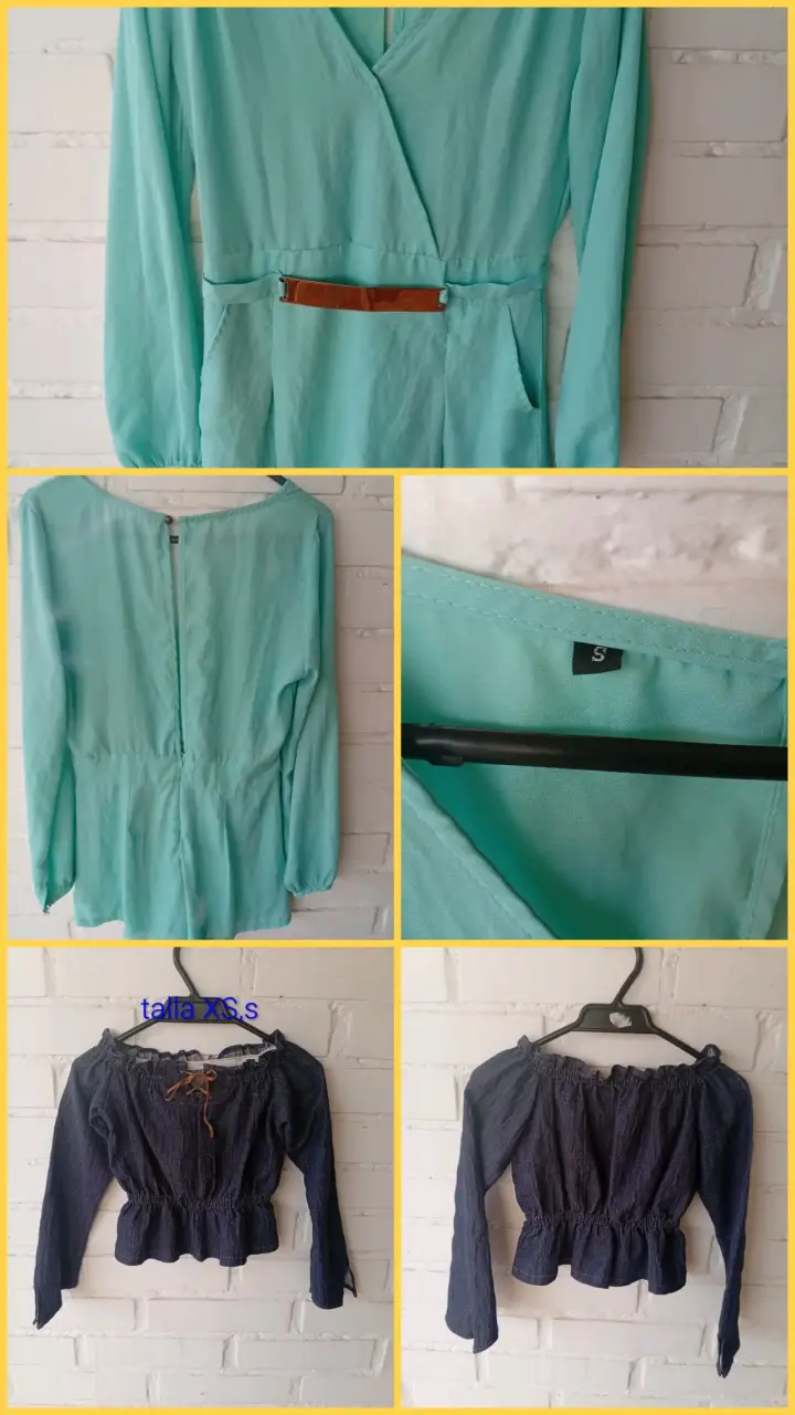 Blusa verde menta con cinturón y blusa azul