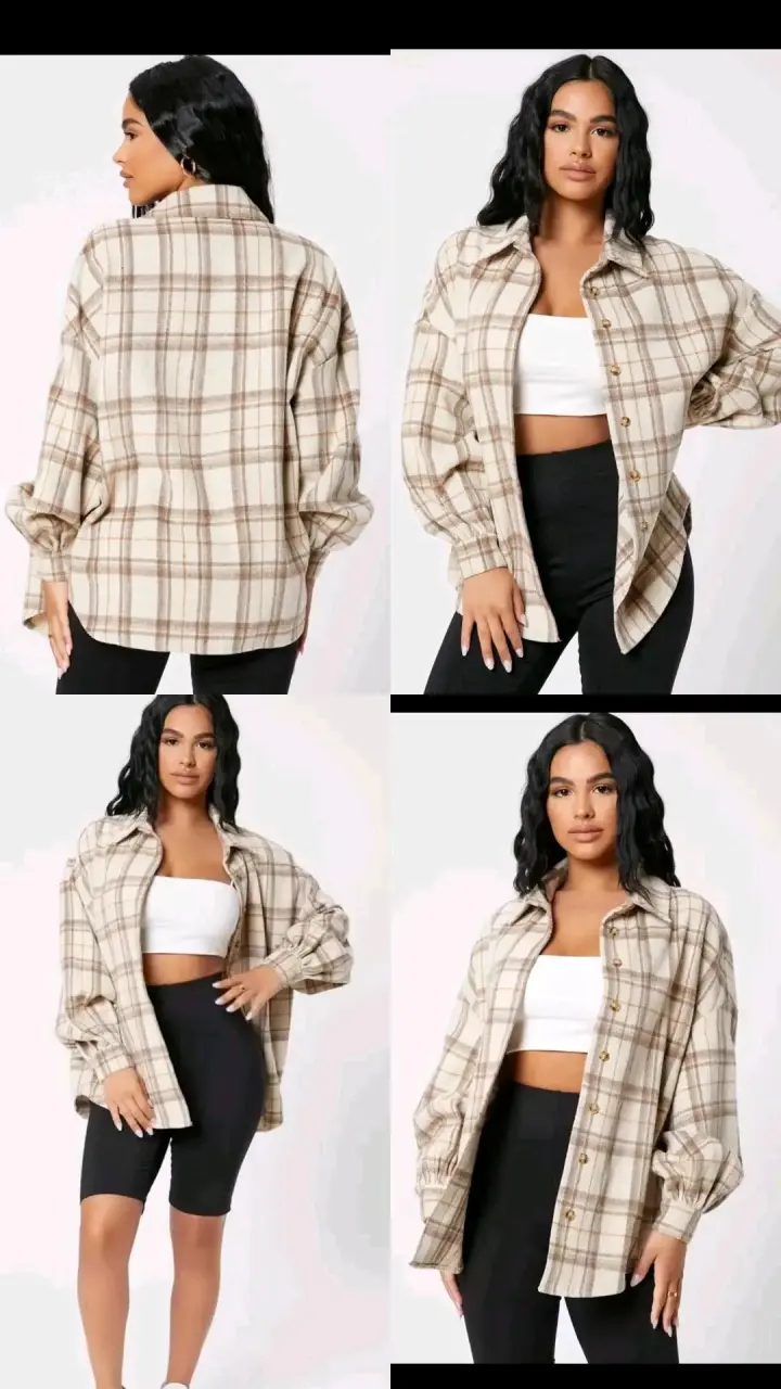 Camisa de franela a cuadros beige para mujer