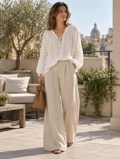 Blusa blanca de lino con cuello nudo marinero - miniatura 1
