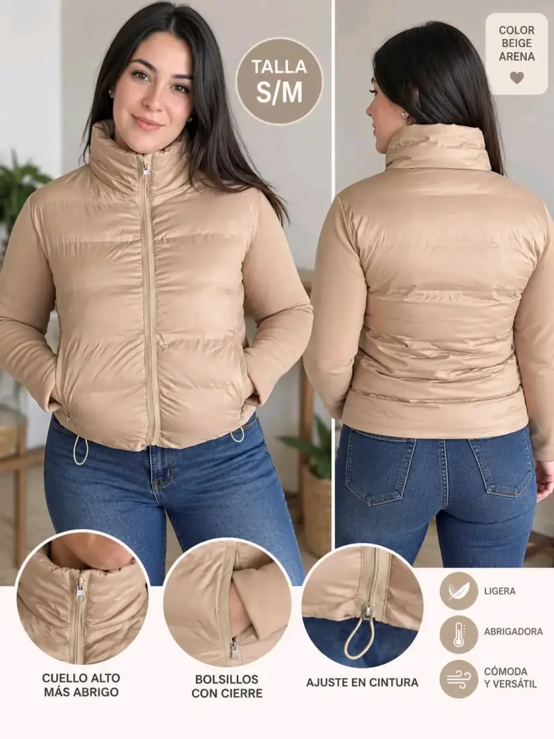 Chaqueta acolchada beige arena con cuello alto