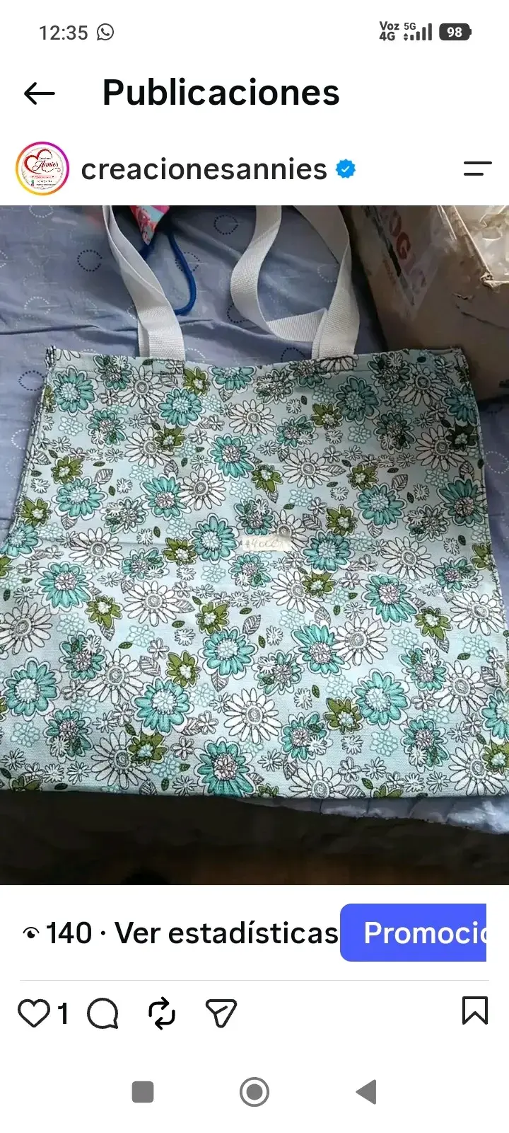 Bolso tote estampado floral verde y azul - 2