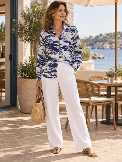Blusa estampada azul y blanca para mujer - miniatura 1