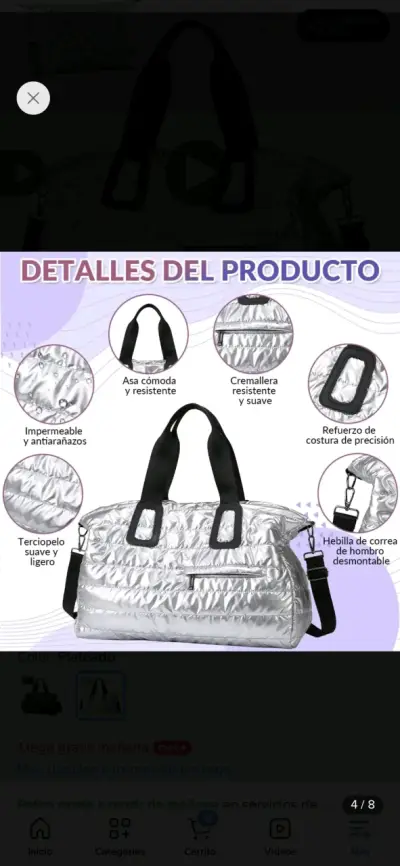 Bolso de viaje plateado impermeable y resistente - miniatura 1