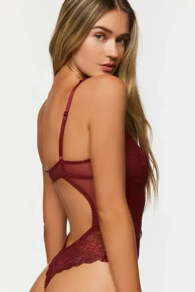 Body de encaje burdeos con diseño cruzado - miniatura 3