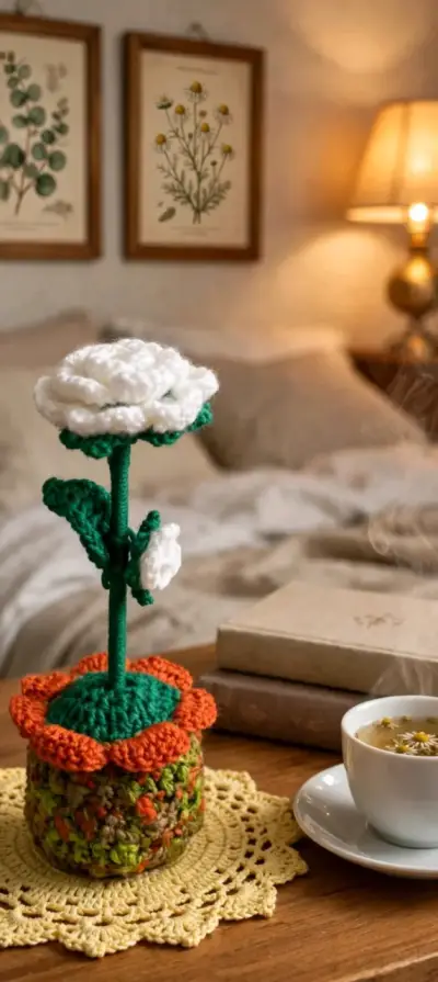 Flor decorativa tejida a crochet en maceta - miniatura 1
