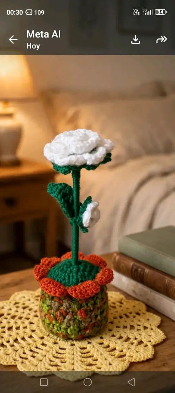 Flor decorativa tejida a crochet en maceta - 2