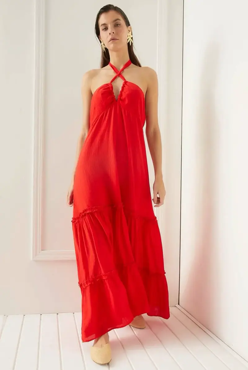 Vestido largo rojo con tirantes cruzados - 1