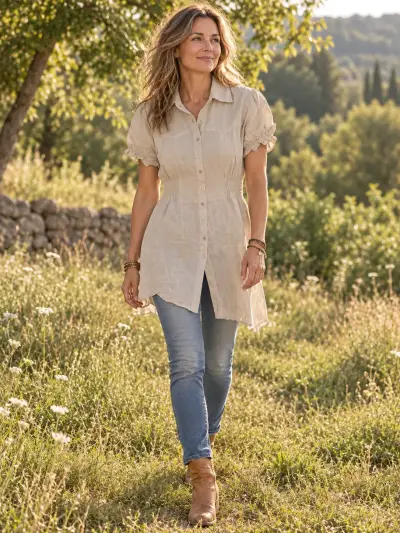 Blusa Beige de Manga Corta para Mujer - miniatura 1