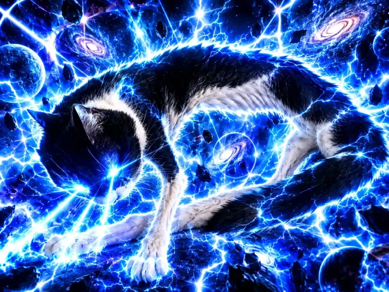 Gato ultra mega flaco con galaxias al lado