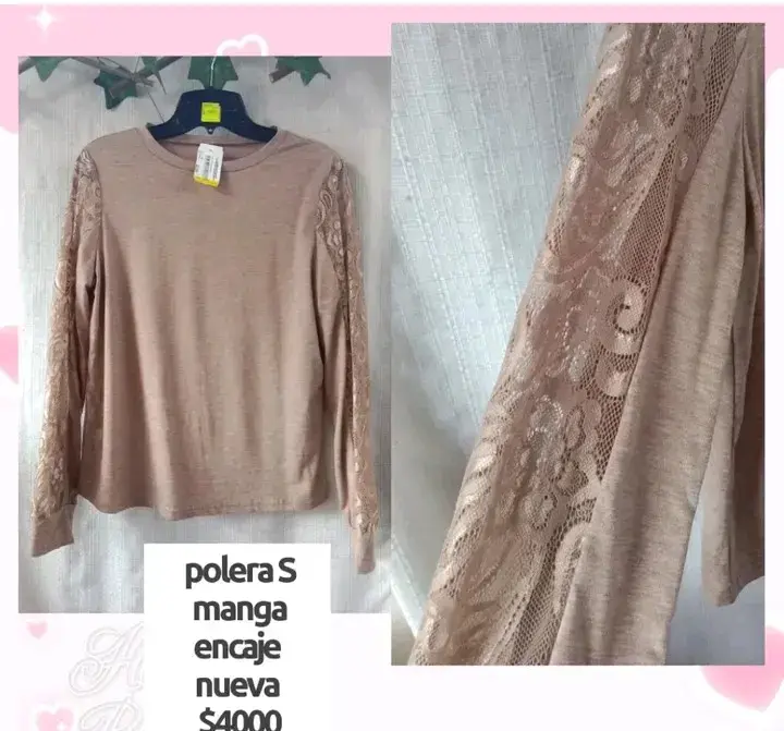 Polera beige con encaje en mangas talla S