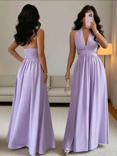 Vestido largo lila con escote halter - miniatura 1