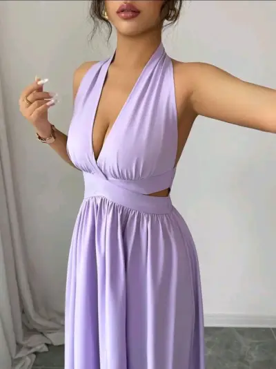 Vestido largo lila con escote halter - miniatura 2