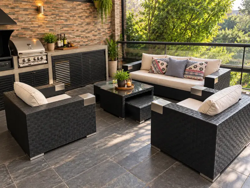 Juego de muebles de terraza de ratán negro