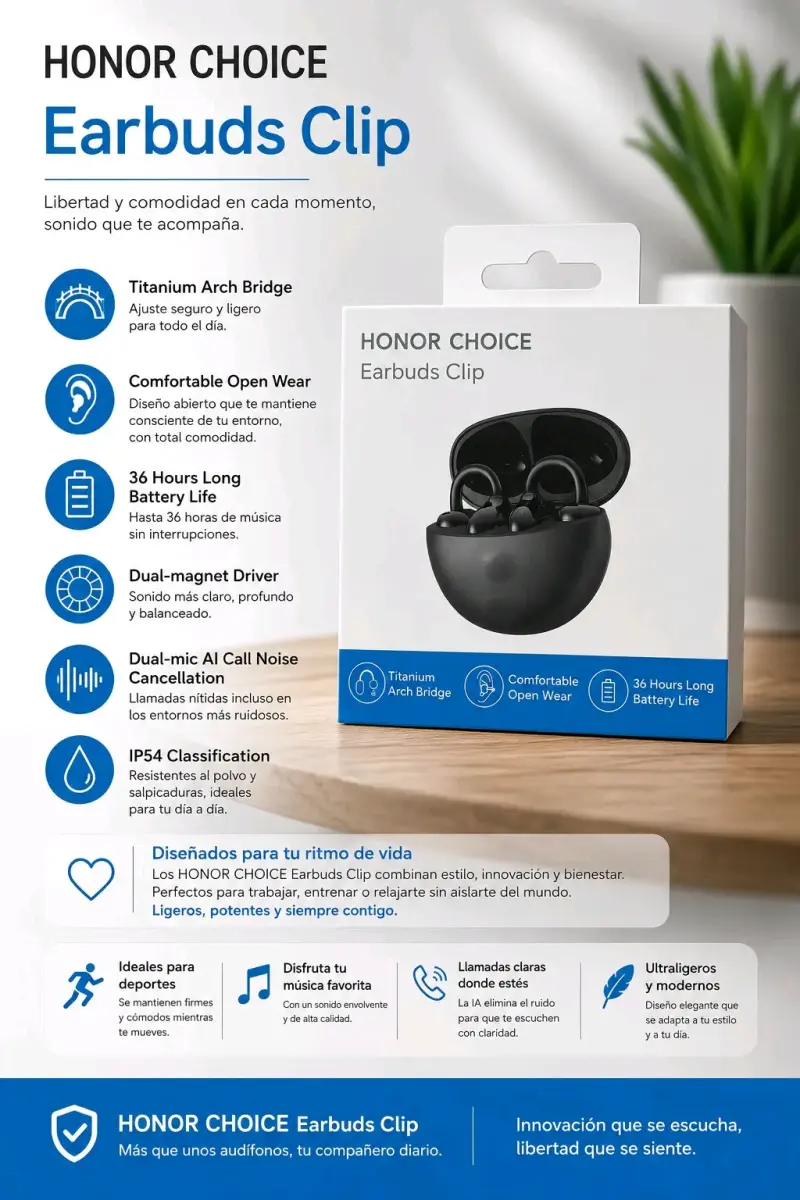Audífonos Honor Choice Earbuds Clip con 36 horas de batería