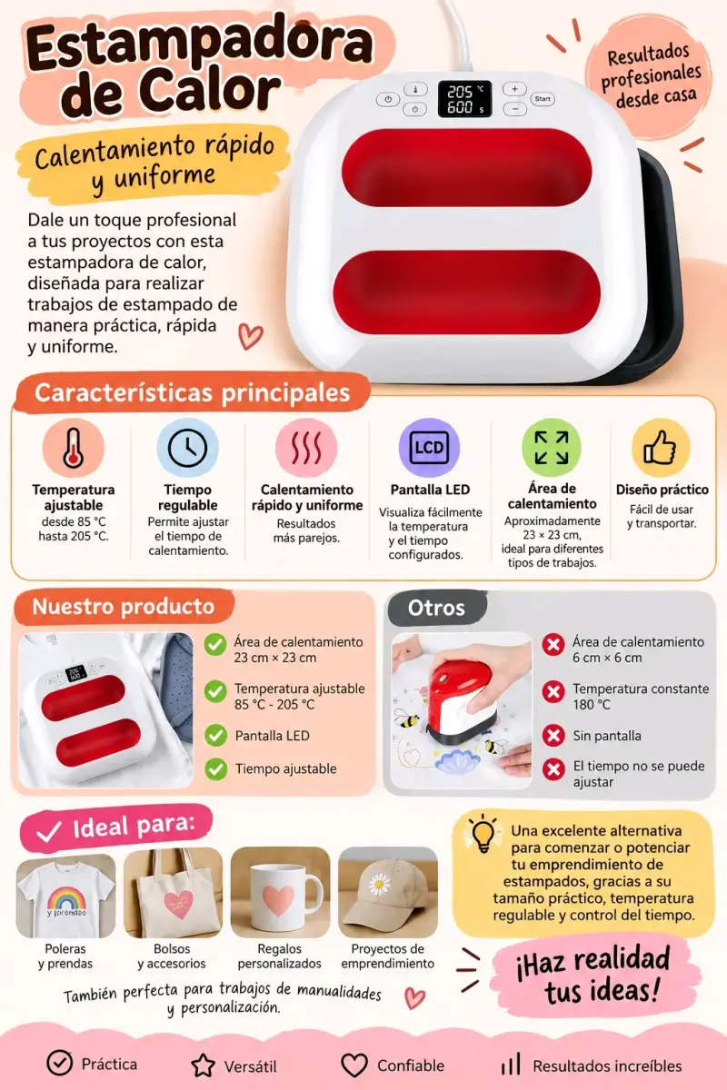 Estampadora de calor con pantalla LED y temperatura ajustable