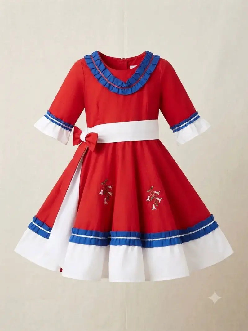 Vestido infantil rojo con detalles azules y blancos