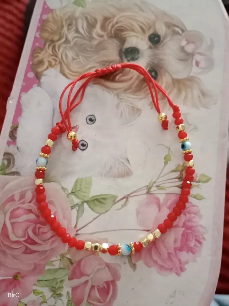 Pulsera-anillo d cuentas rojas y doradas ajustable - 1