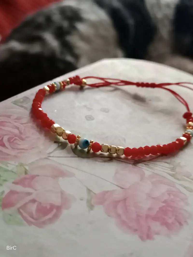 Pulsera-anillo d cuentas rojas y doradas ajustable - 3