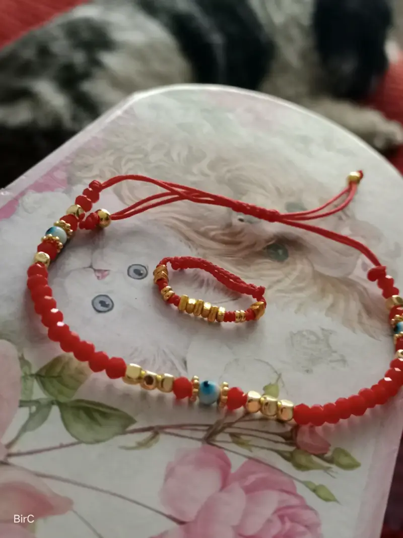 Pulsera-anillo d cuentas rojas y doradas ajustable - 5