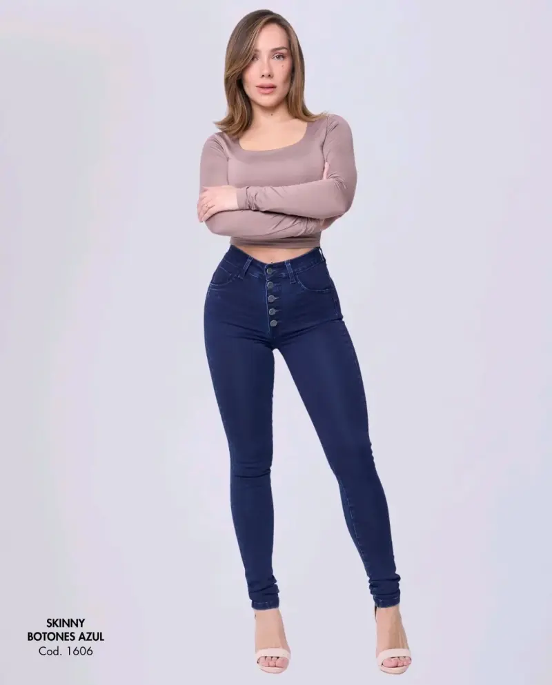Jeans Skinny Azul con Botones para Mujer - 3