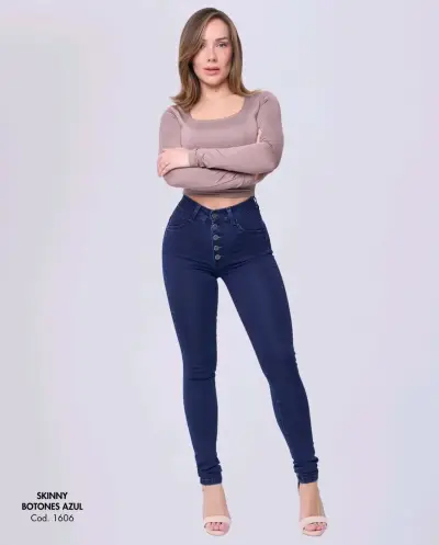 Jeans Skinny Azul con Botones para Mujer - miniatura 3