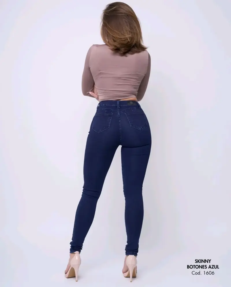 Jeans Skinny Azul con Botones para Mujer - 4