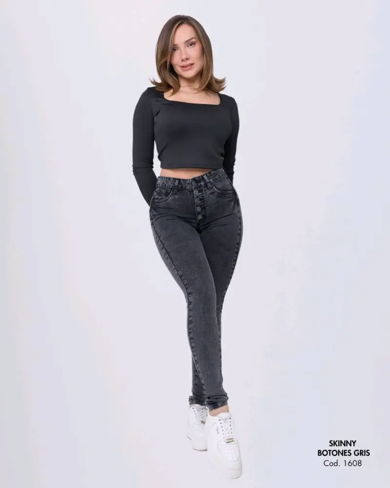 Jeans Skinny Botones Gris para Mujer - 1
