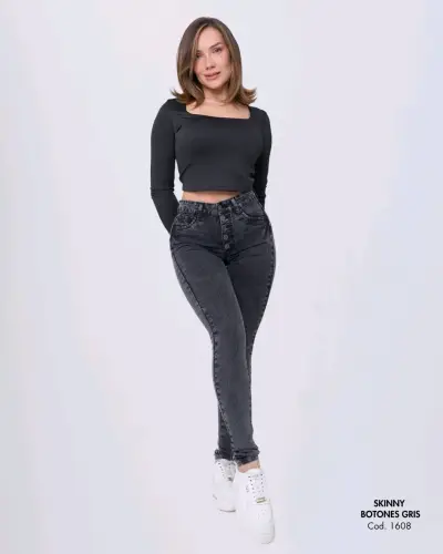 Jeans Skinny Botones Gris para Mujer - miniatura 1