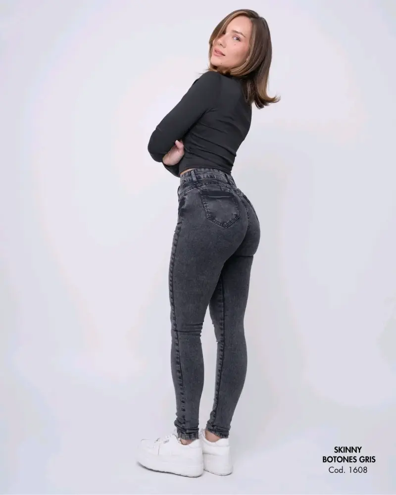 Jeans Skinny Botones Gris para Mujer - 2