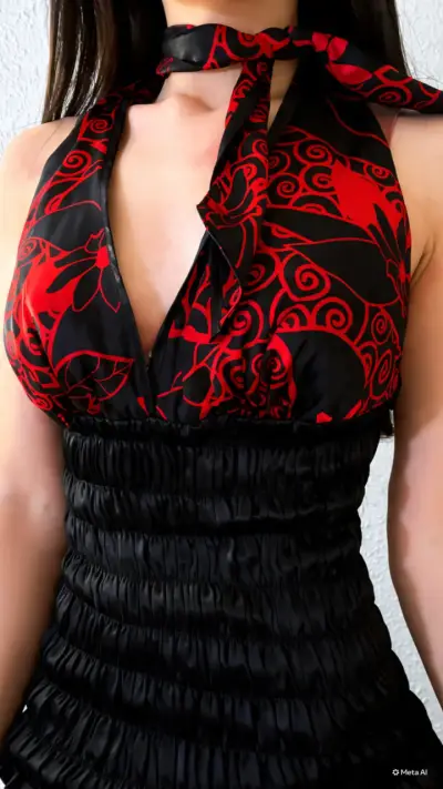 Top halter negro con estampado rojo floral y2k - miniatura 1