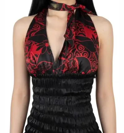 Top halter negro con estampado rojo floral y2k - miniatura 2