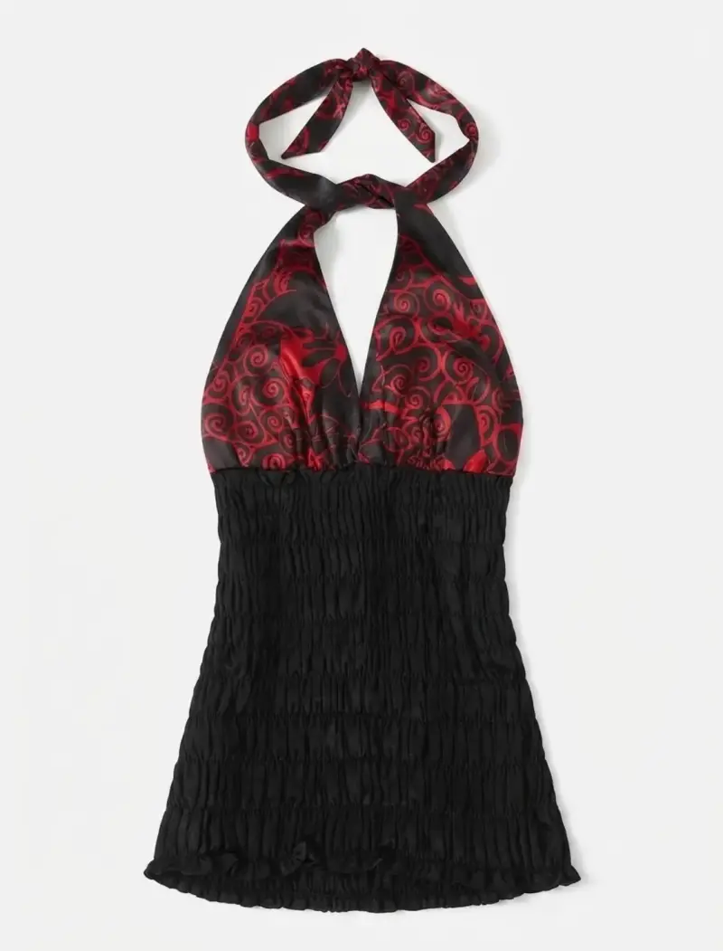 Top halter negro con estampado rojo floral y2k - 3