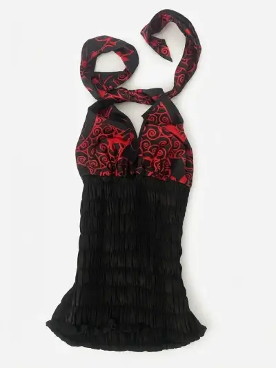 Top halter negro con estampado rojo floral y2k - miniatura 4
