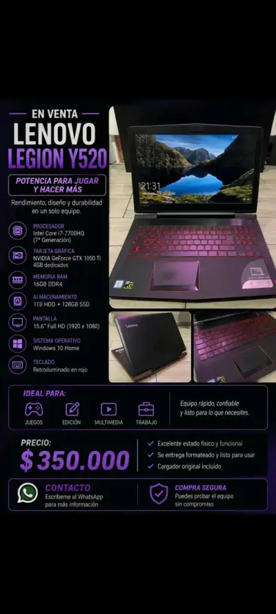 Laptop Lenovo Legion Y520 para gaming - miniatura 1