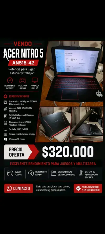 Laptop Acer Nitro 5 AN515-42 para juegos - miniatura 1