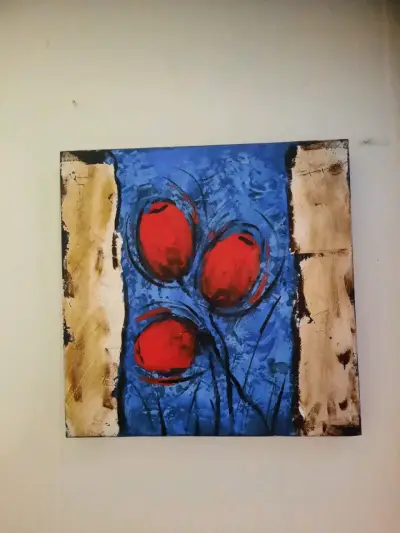 Cuadro Abstracto con Flores Rojas y Fondo Azul - miniatura 3