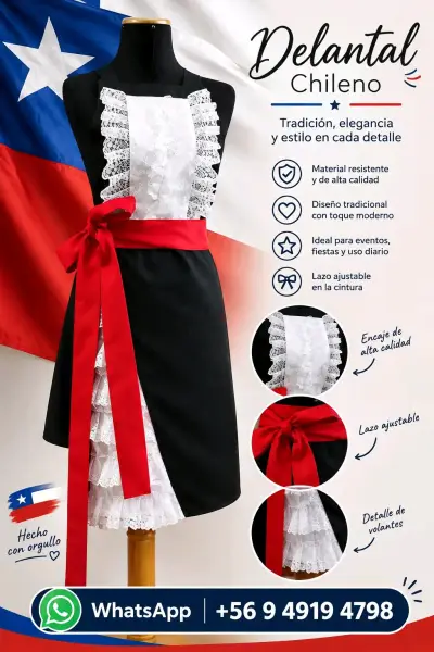 Delantal Huasa Elegante Con Blonda Y Lazo - miniatura 2