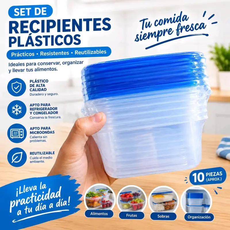 Set de recipientes plásticos reutilizables 10 piezas